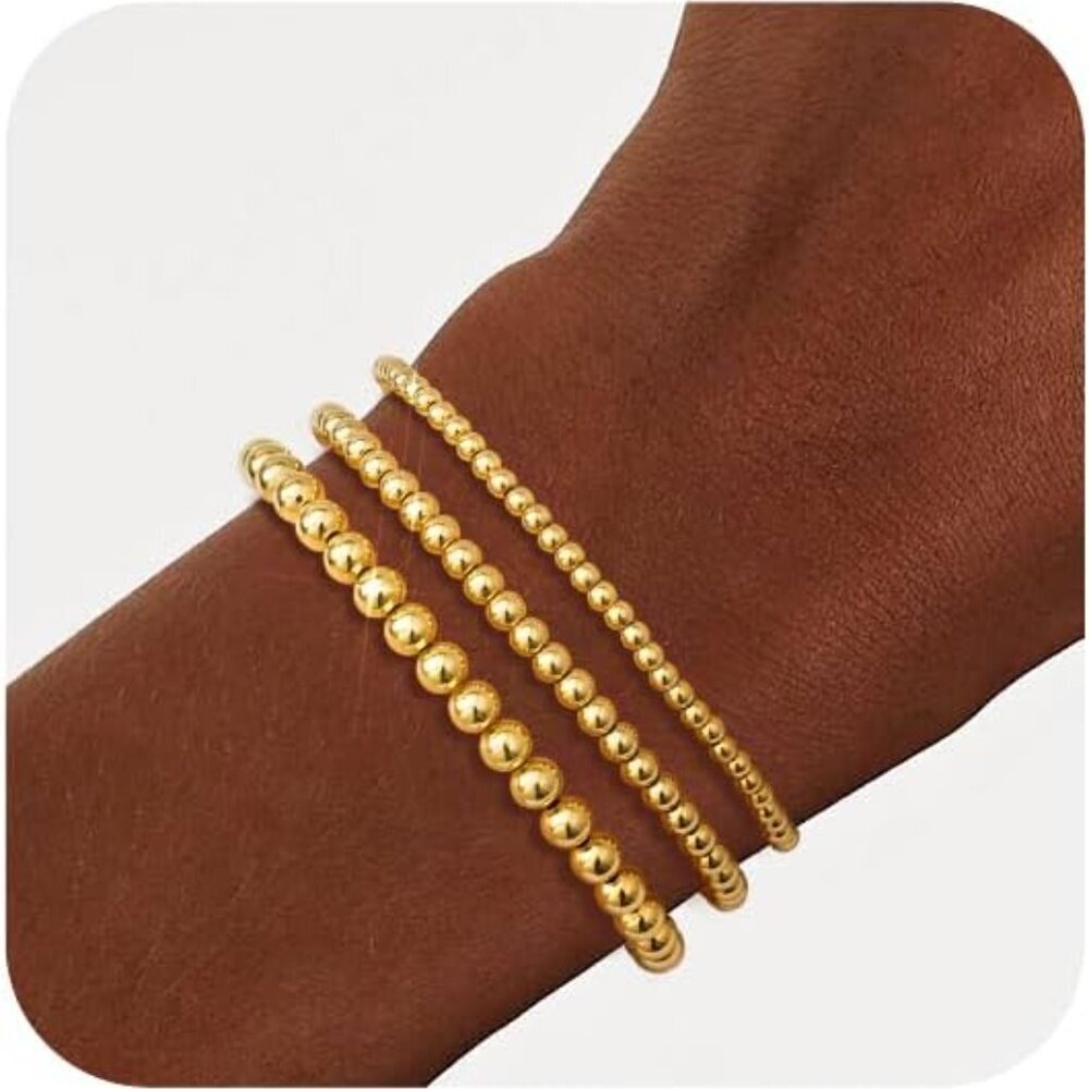 Gold Bracelets for Women, Stackable Jewelry Sets, 5 Piece Beaded Ball Bracelet G